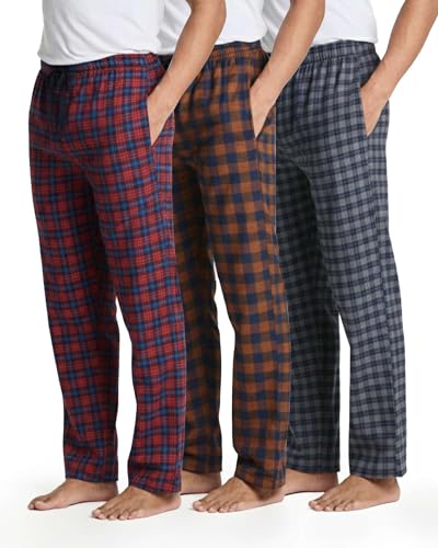 Image of Real Essentials 3 Pack: Men's Soft Cotton Flannel Pajama Pants PJ Lounge Bottoms Elastic Waist Pockets (Big and Tall)