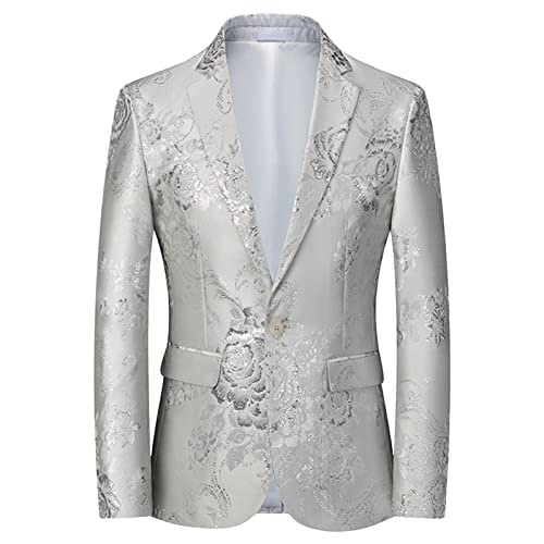 Mens Notched Lapel Dress Floral Suit Luxury Printed Slim Fit Stylish Blazer Casual Single Breasted Wedding Jacket (White,XX-Large)