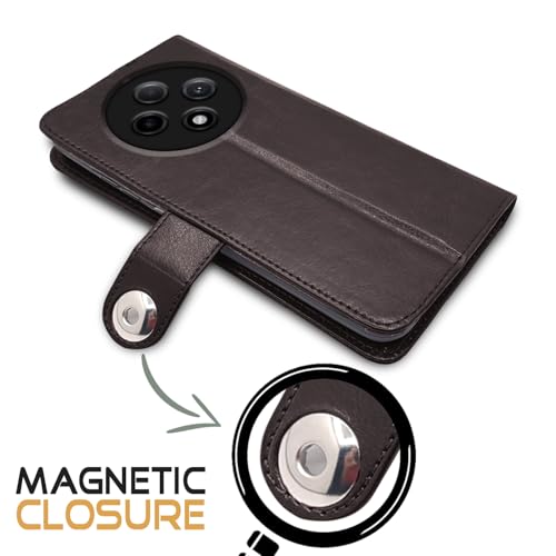 Image of Pikkme Flip Cover Leather Finish | Inside TPU with Card Pockets | Wallet Stand and Shock Proof | Complete Protection Button Flip Case for Oppo F27 Pro Plus 5G (Coffee)