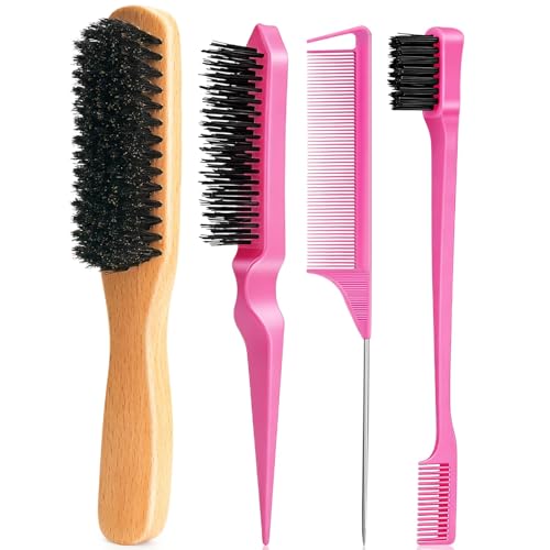 Boar Bristle Slick Back Hair Brush for Smooth Flyaways Frizz Sleek Ponytail Buns and Edge Baby Hair Teasing | Hair Comb Edge Brush Teasing Brush Styling Accessories for Girls Kids Women & Men