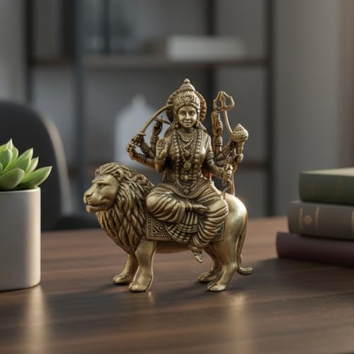 Image of eCraftIndia Golden Brass Goddess Durga Maa Idol Sitting On Lion Statue | Durga MATA Murti for Pooja Mandir Home Temple