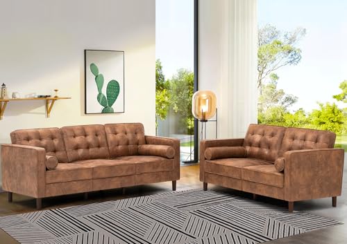Image of 84 inch Suede Leather Sofa with 2 Soft Pillows, Tufted Modern Sofa with Sturdy Wooden Legs, 3 Seats Couch for Living Room, Office, Bedroom, Brown