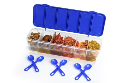 Image of TASTIC Multipurpose 6-in-1 Masala Box for Kitchen| Airtight BPA-Free Plastic 6 Section Storage Container with 6 Spoons, 1800 ml Transparent Pickle Box for Spices| Pack Of 1 PISTA (BLUE)