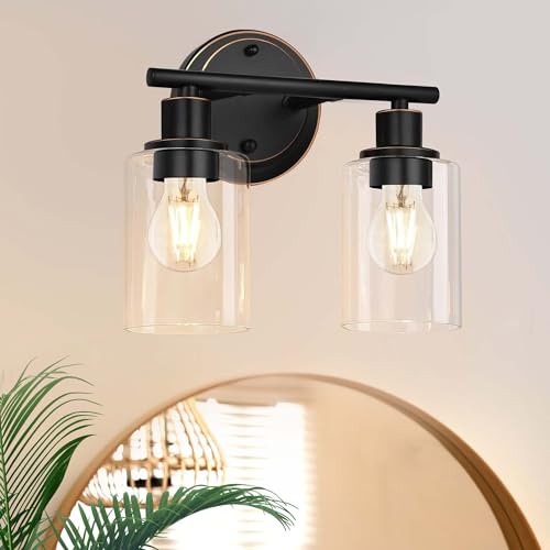 Image of Oil Rubbed Bronze 2-Light Modern Vanity Light for Bathroom - 2-Light Oil Rubbed Bronze Bathroom Vanity Light Fixture, 2-Bulb Wall Sconce Over Sink
