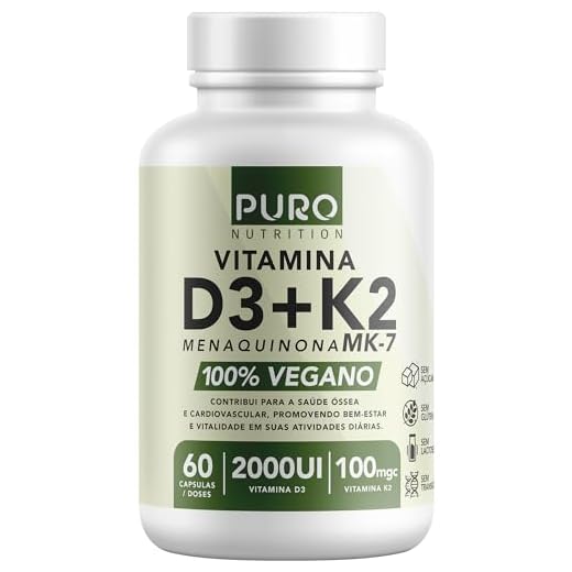 Vitamina D3 + K2 Puro Nutrition 2000 iu D3 com 100mcg de Vitamina K2 MK-7, 60 Cápsulas, Suplemento Vegano