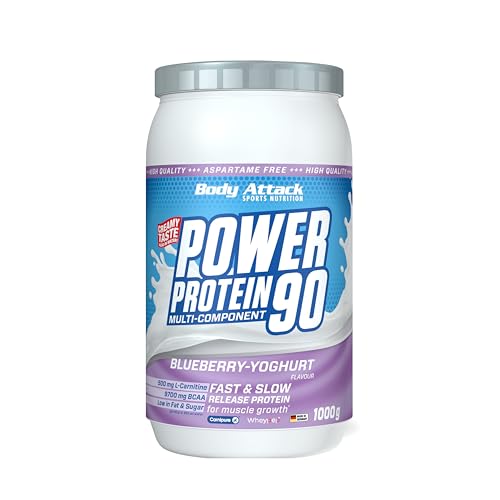 Body Attack Power Protein 90, 5K Eiweißpulver mit Whey-Protein, L-Carnitin und BCAA für Muskelaufbau und Fitness, Made in Germany (Blueberry-Yoghurt Cream, 1 kg)