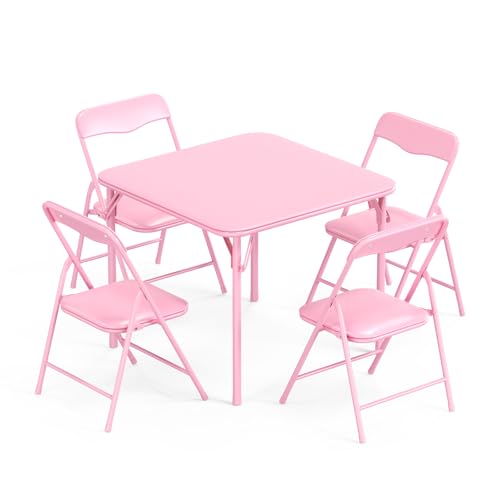 Image of JOYMOR Kids Folding Table and Chairs Set, 5-Piece Metal Frame Activity Set with Easy-Fold Design for Playroom & Classroom (Pink)