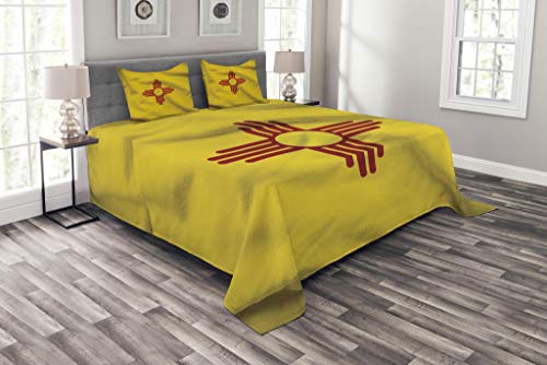 🔥 Lunarable American Bedspread, New Mexico of United States Flag with Sun of The Zia on a Field Waving Patriotism, Decorative Quilted 3 Piece Coverlet Set with 2 Pillow Shams, Queen Size, Yellow Red