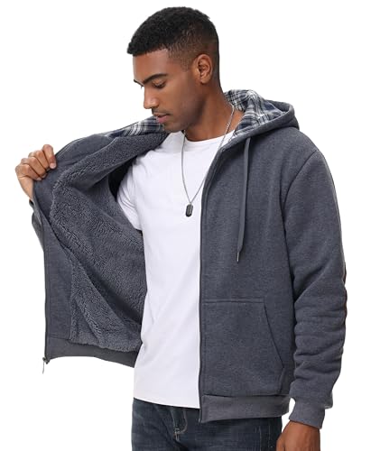 ZITY Mens Flannel Plaid Lined Hoodies Zip Up Heavyweight Sweatshirt Winter Warm Thick Coat4