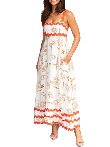 YILEEGOO Damen Sommer Streifen Print Langes Maxikleid Damen Ärmellos Casual Sommerkleid Langes Wickelkleid mit Taschen, Z2 Orange, Small