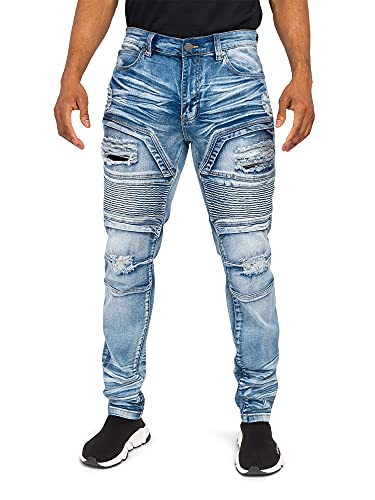 Ribbed Thigh Layered Knee Slim Fit Moto Style Jeans