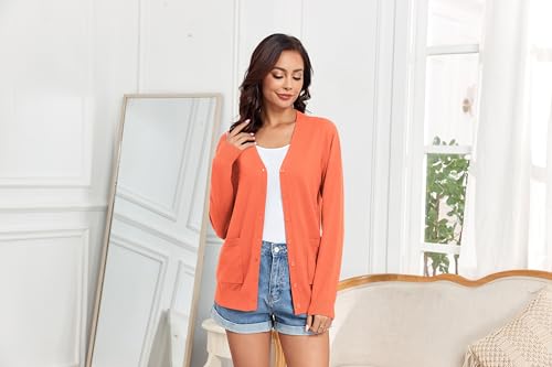 Image of Women's Lightweight Button Down Cardigan Sweaters Long Sleeve Classic V Neck Knit Soft Shrugs with Pocket
