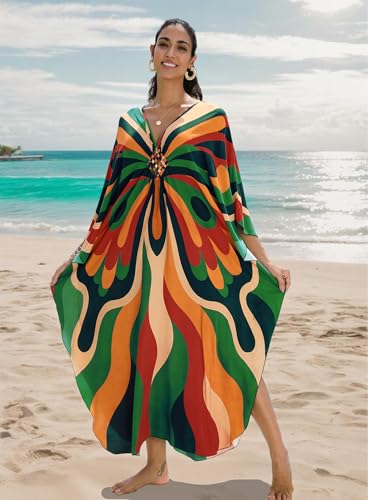 Image of Yanziliu Kaftan Dress for Women,Plus Size Hawaiian Batwing Sleeve Beach Cover Up Summer Swimsuit Dresses