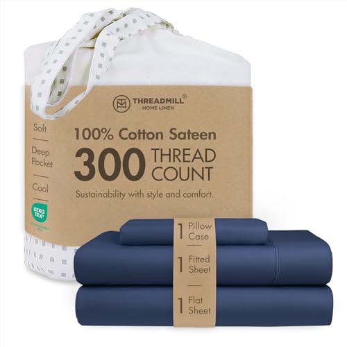 Image of Threadmill 300TC Cotton Twin Sheet Set, Sateen, Solid, Folkstone Blue | 100% Cotton, Sateen Weave, 3-Piece Set, 16 inch Deep Pocket, Cooling, Breathable, OEKO-TEX Certified, Machine Washable