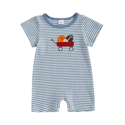 Image of Licupiee Newborn Boy Football Romper Infant Baby Waffle Knit Summer Clothes Embroidery Excavator Short Sleeve Stripe Jumpsuit