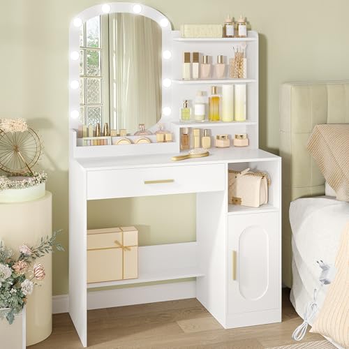 HEXCELEN Tocador con Espejo Ovalado, Mesa de Maquillaje con 10 Luces LED, Tocador de Maquillaje, Brillo Ajustable, 1 Cajón, 1 Armario, 4 Compartimentos Abiertos, Blanco
