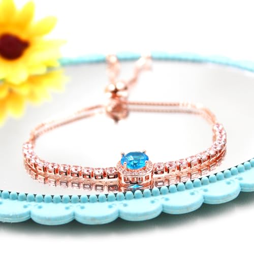 Image of Rose Plated Gold Brass Box Chain Cubic Zirconia Classic Tennis Slider Adjustable Bracelet, Round Big Zircon Charm Give Woman Mom Mother's Day Fashion Crystal Gift