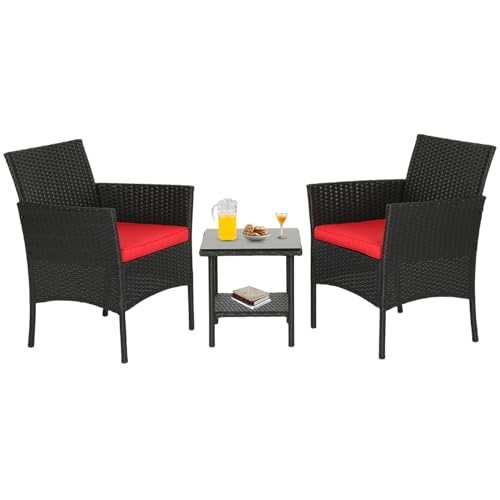 Image of FDW 3-Piece Patio Furniture Set | Black & Red | Outdoor Wicker Furniture