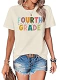 PCAEOVM Teacher Shirts for Women First Day of School Shirt Teacher's Back to School Outfit Graphic Tee Fourth Grade Beige Medium