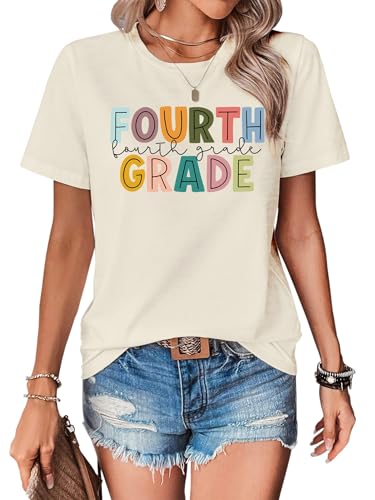 PCAEOVM Teacher Shirts for Women First Day of School Shirt Teacher's Back to School Outfit Graphic Tee Fourth Grade Beige Medium