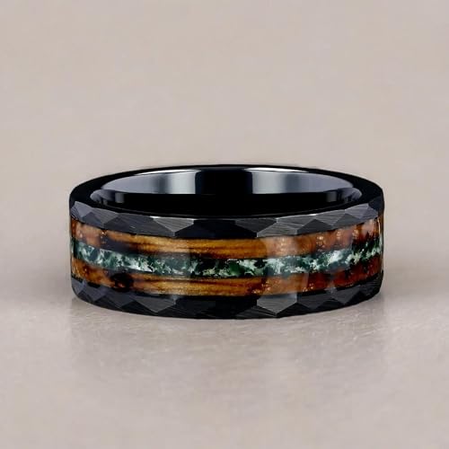 Men's Wedding Ring 8mm Black Hammered Tungsten Green Moss Agate & Charred Whiskey Barrel Wood Inlay – Comfort Fit Mens Wedding Band with Antique Wooden Ring Box2