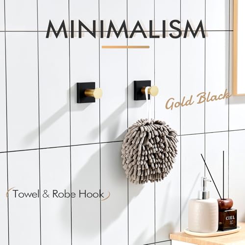 Image of KOKOSIRI Robe Hooks Bath Towel Hooks for Wall Closet Kitchen Hanging Towels Bathroom Hardware Black with Gold Stainless Steel 2 Pack, B1016GDK-P2