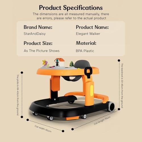 Image of StarAndDaisy Elegant Baby Walker 6 to 18 Months / Walker for Kids Girl Boy with Anti Fall Brake Pads, 3 Speed Height Adjustment, Multi-Level Seat Adjustment, Recreational Music Toy Bar, (Elegant Orange-Black)