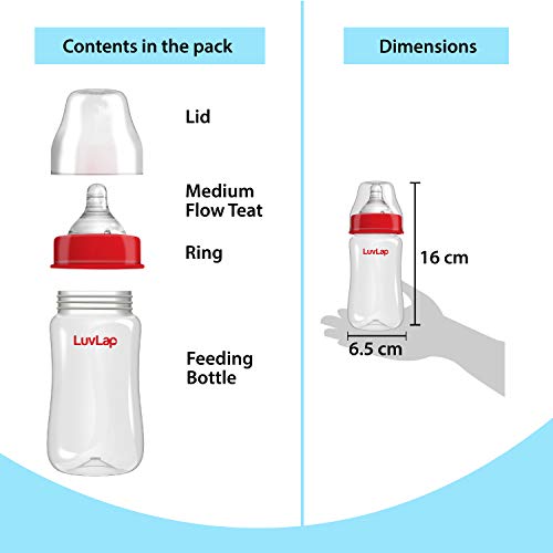 Image of LuvLap Anti-Colic Wide Neck Natura Flo Baby Polypropylene and Silicone Feeding Bottle, 250Ml (Pack of 6), New Born /Infants /Toddler Upto 3 Years, BPA Free, Pack of 6, White & Red