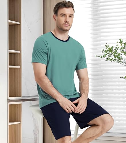 NACHILA Men's Pajamas Set-Viscose Made from Bamboo, Soft Sleepwear Short Sleeve Pjs Top with Shorts Cool Loungewear3