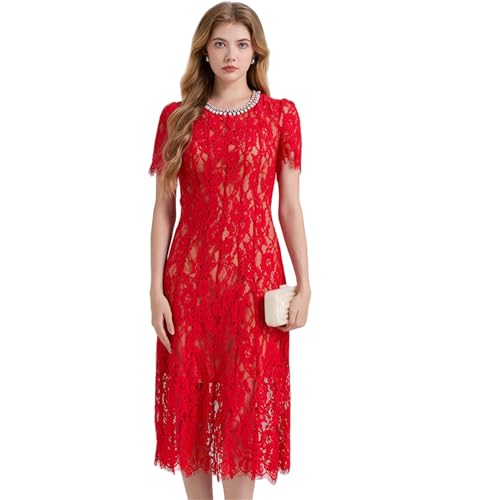 Robe trapèze moulante femme dentelle manches courtes col rond strass