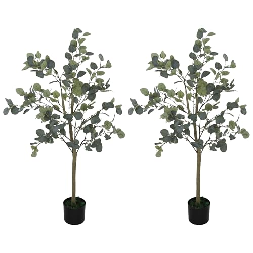 HOMCOM Pack de Eucaliptos Artificiales 120 cm Plantas Artificiales con Maceta y Hojas Plantas Decorativas para Interior Verde