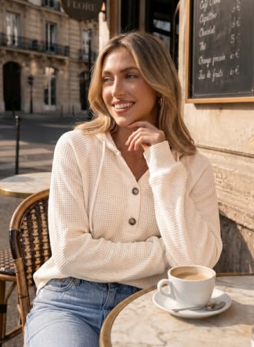 Image of Dokotoo Hoodies for Women Waffle Knit Button V Neck Casual Sweatshirt Tops