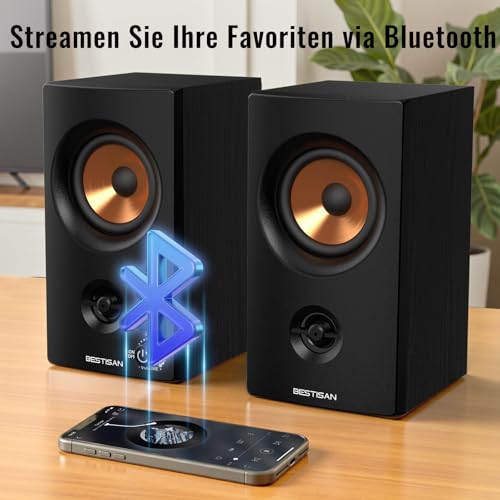 kompakt und bassstark (92 Zeichen). - Detailansicht von BESTISAN Aktive Regallautsprecher Bluetooth – Dealfoxx.de