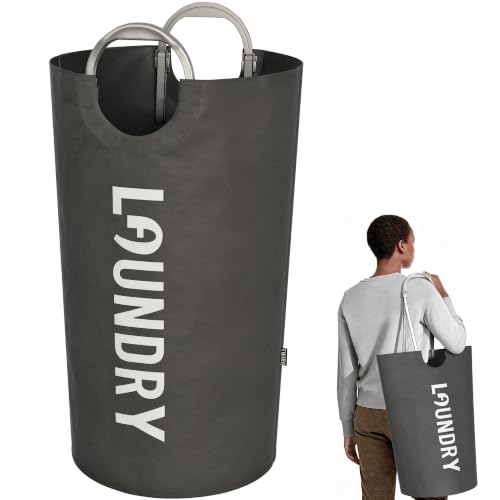 Image of 100L Laundry Basket with Tech Handle, 2in1 Dirty Clothes Hamper Dark Grey | Hand or Shoulder Carry, Collapsible Foldable Bin, Plastic Handle, 600D Oxford with Waterproof PE Coating for Dorm, Bathroom