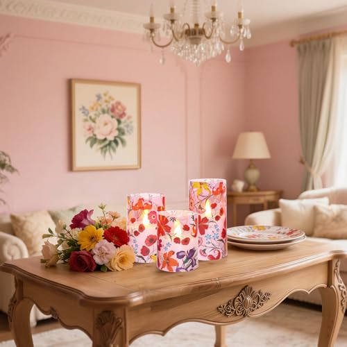 Image of Flameless Candles Glass with Remote Control & Timer Function, Red Multicolor Flower Design LED Candles, Home Party Wedding Christmas Spring Summer Decor, Set of 3