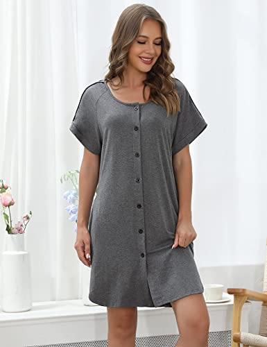 iClosam Nachthemd Damen Baumwolle Mutterschaft Still Nachthemden Kurzarm Umstandskleidung mit Rundhalsausschnitt Nachtwäsche für Stillende Umstandsnachthemd Stillen mit Knöpfen S-XXL