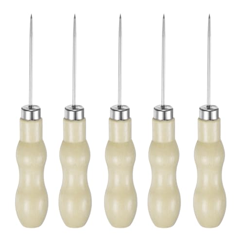 QUARKZMAN 5pz Punteruolo Cucito Mano Doppia Zucca Testa Dritta Punteruolo Pelle Strumento Forare Manico Legno Graffi Filo Rotto Perforazione Cuciture Riparazione Fare Mano Registro
