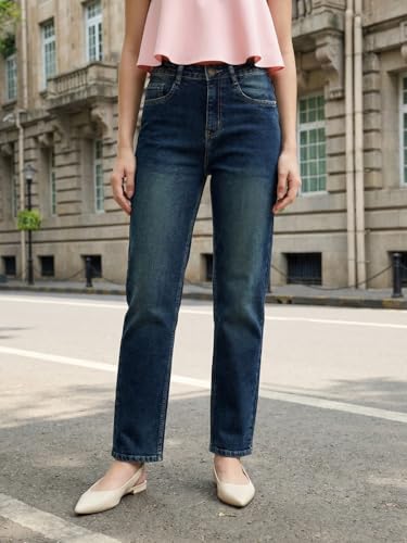 Image of Urbano Fashion Women's High Rise Straight Fit Washed Jeans Non-Stretchable
