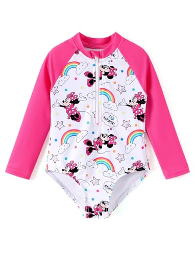 Image of Disney Frozen Stitch Princess Minnie Mouse Girls Swimsuit Long Sleeve Rashguard UPF 50 One Piece Bathing Suit Size 3M-13Y