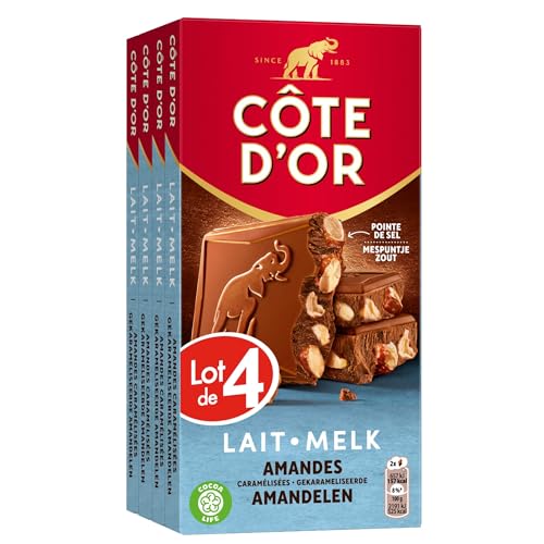 CÔTE D'OR - 4 Tablettes Côte d'Or Bloc Chocolat au Lait et Amandes Caramélisées et Salées 180g - Chocolat au Lait, Amandes Caramélisées, Pointe de Sel - Lot de Tablettes de Chocolat - Lot de 4x180g