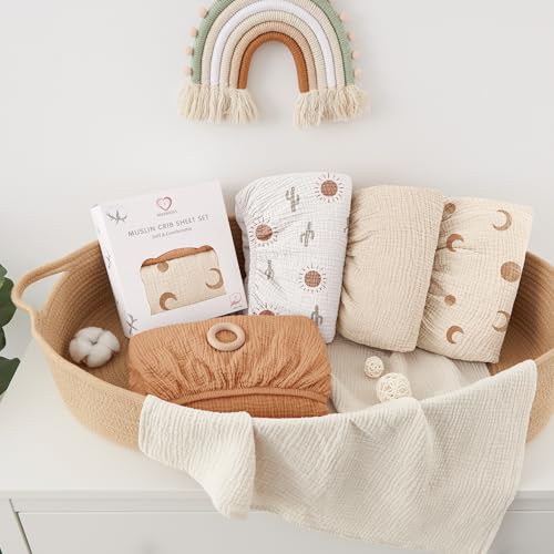 Image of Bearmoss Muslin Mini Crib Sheets for Pack N Play Mattress - 100% Cotton - 38 inchx26 inch Soft Breathable Playard Baby Crib Sheets Neutral for Boys Girls - 2 Pack (Brown Moon)