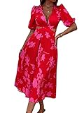 WDIRARA Women's Floral Deep V Neck Cut Out Puff Sleeve Tie Back A Line Midi Dress Red M