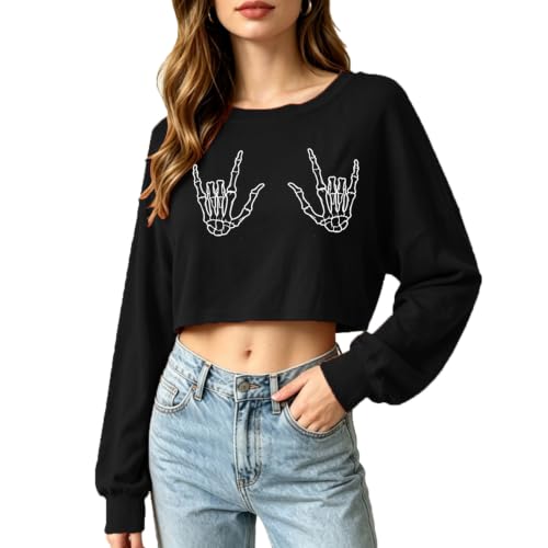Womens Halloween Crop Long Sleeve Tshirt Fall Vintage Graphic Tee Loose Top - image 1