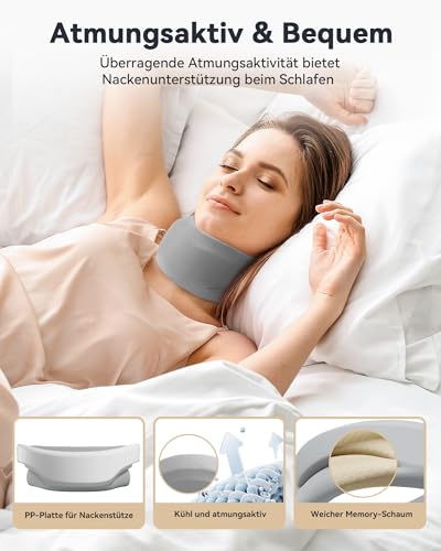 BETOVIN Nackenstütze gegen Nackenschmerzen, Weiche & Verstellbare Halskrause für Schlafen, Neck Support zur Unterstützung der Halswirbelsäule Druckentlastung, für Frauen und Männer(Grau, M)