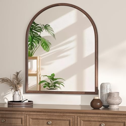 Image of 30 inchx36 inch Arch Wall Mirror for Wall, Wall Mounted Vanity Mirror for Bedroom, Wood Grain Finish Frame Mirror with Tempered Glass, Vintage Decorative for Bathroom, Entryway, Living Room, Walnut