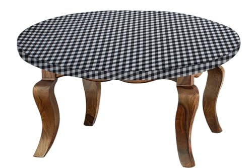 Image of The Furnishing Tree Round Elastic Fitted Center Tpoy Table Cover WxL 20x20 Inches Checkered Pattern White