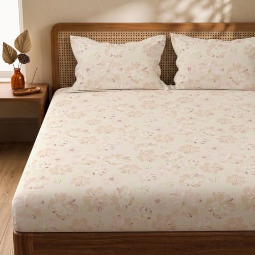 Image of Huesland by Ahmedabad Cotton 144 TC Cotton Bedsheet for Double Bed King Size with 2 Pillow Covers | Moccasin, Pastle Orange & Antique White