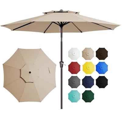 JEAREY 10FT 2-Tiers Patio Umbrellas Outdoor Large Market Umbrella With Push Button Tilt and Crank Lift System 8 Sturdy Ribs UV Protection Waterproof Sunproof, Beige