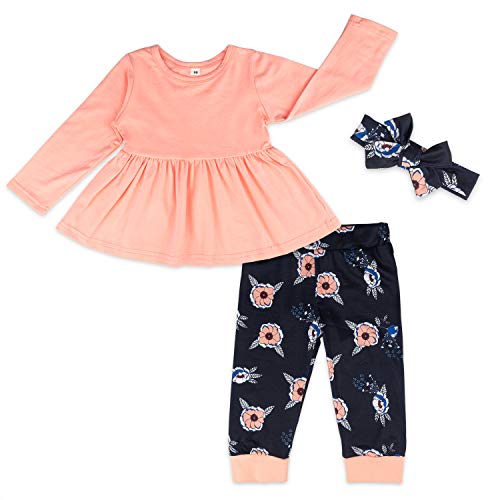 Toddler Baby Girls Clothes Floral Flower Ruffle Top Dress and Legging Pant with Headband Fall Winter Long Sleeve Outfit Set Pink