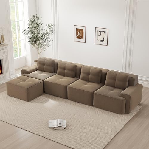 VIVCA Boneless - Sofá marrón de 4 plazas, modular en forma de L con chaise longue, sofá bajo en la nube, sin montaje y antideslizante para salón